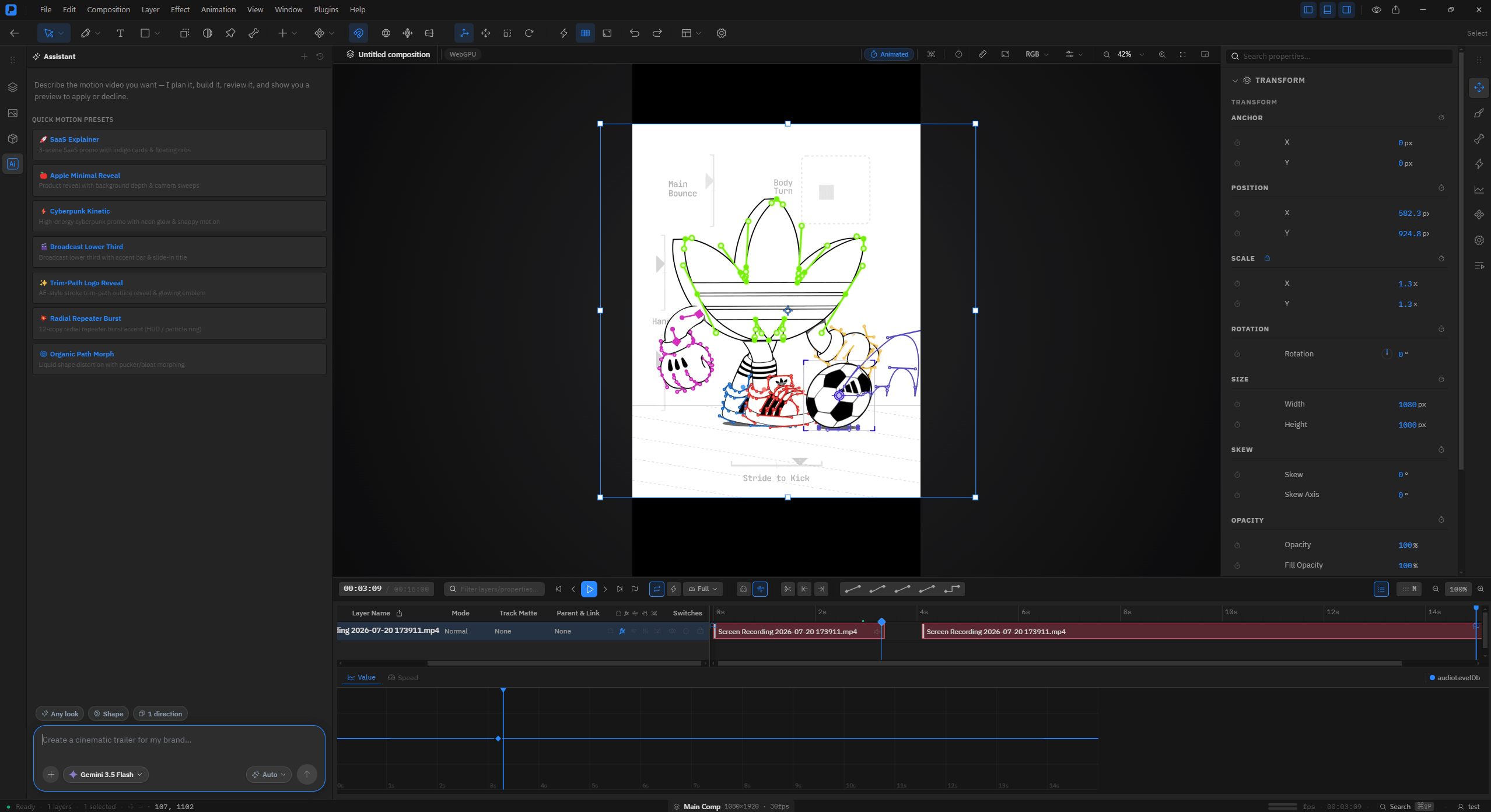 Premation Motion Graphics Studio Interface showing WebGPU viewport, timeline, and 2.5D controls